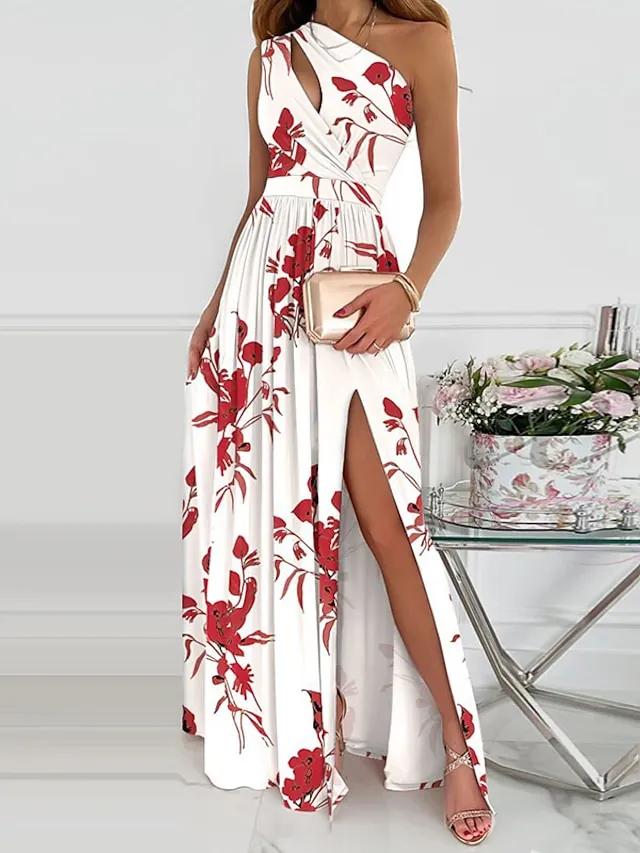 Women‘s Black Dress Prom Dress Formal Party Dress Swing Dress Long Dress Maxi Dress Red White Sleeveless Floral Split Cut Out Print Spring One Shoulder