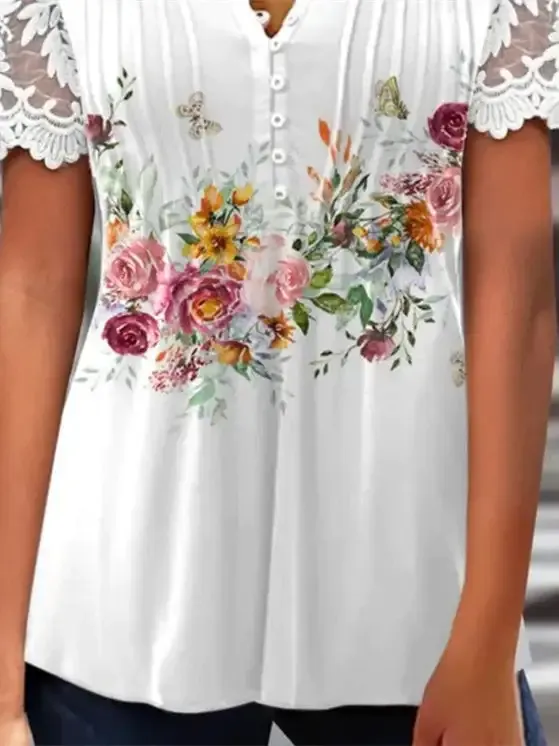 Women's Short Sleeve V-Neck Lace Graphic Floral Printed Top