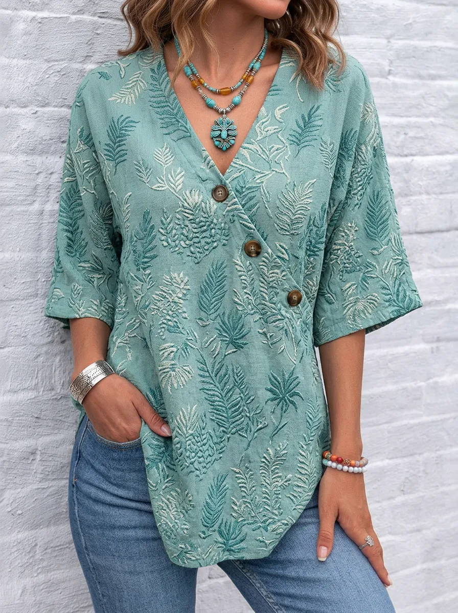 Women's Nashville Botanical Fern Printed V-Neck Button Top
