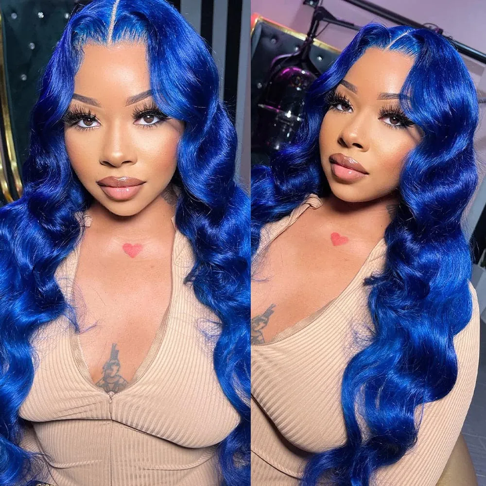 Sterly Royal Blue 13x6 Full Frontal Lace Body Wave Human Hair Wigs Pre Colored Blue Wigs
