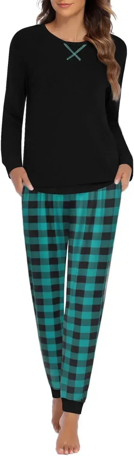 Women's Pajamas Sets Long Sleeve with Plaid Pants Soft Sleepwear O Neck 2 Piece Pjs Joggers Loung Set with Pockets