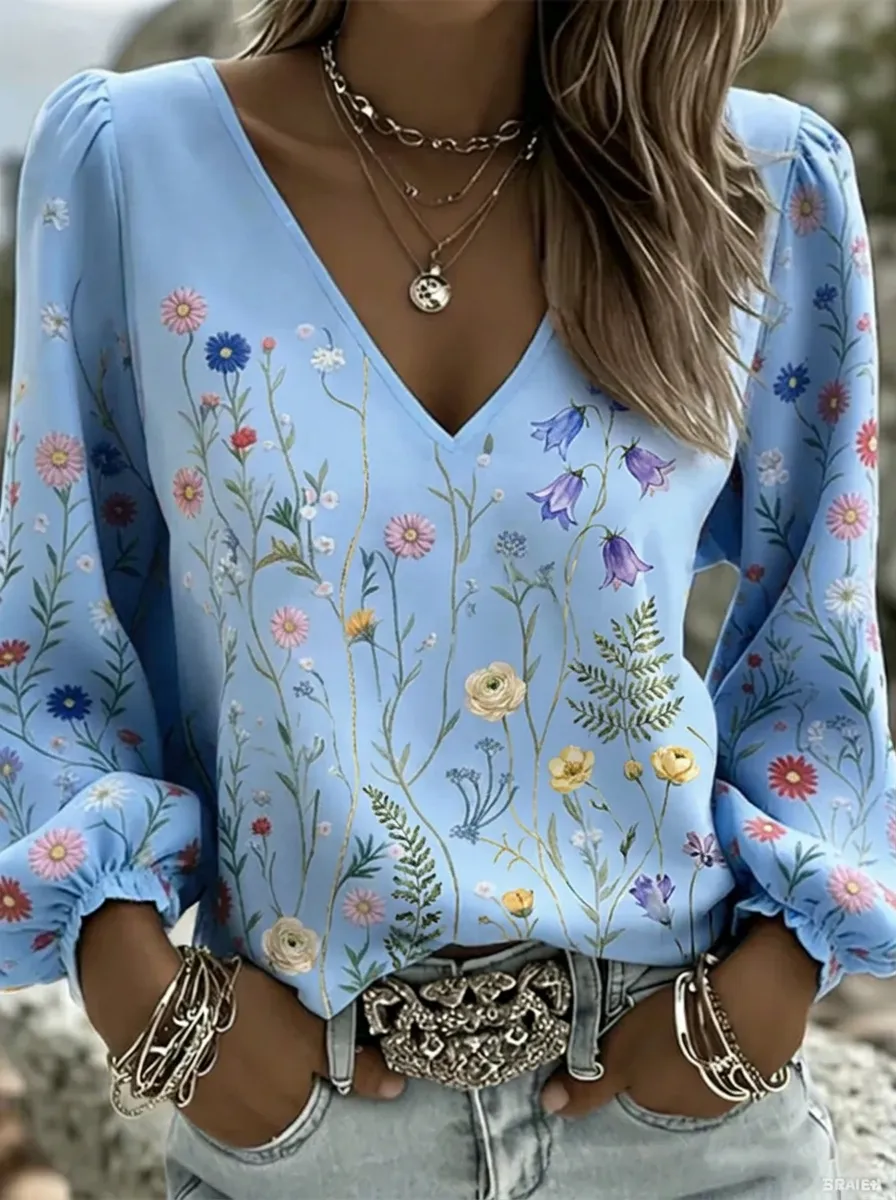 Women's Nashville Wildflower Floral Printed V-Neck Top