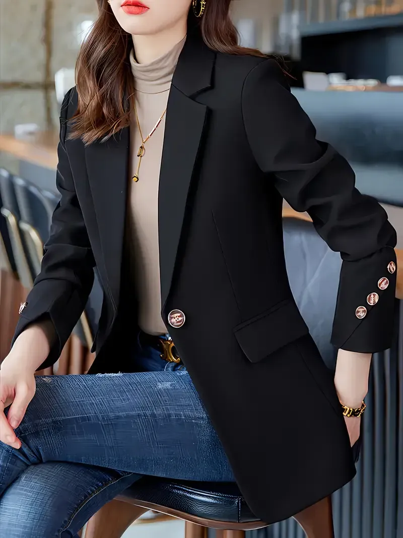 Notched Collar Button Front Blazer, Elegant Long Sleeve Blazer For Office & Work, Women's Clothing