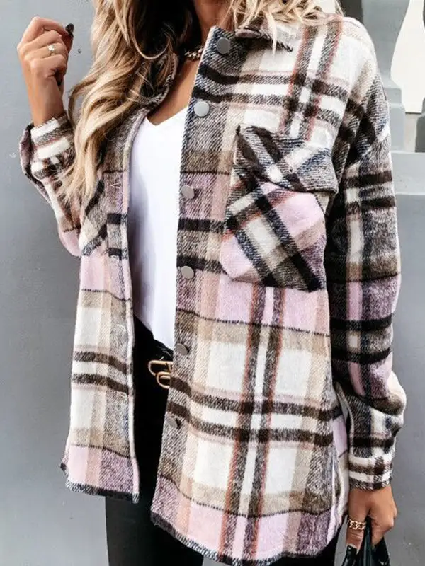 Long Sleeve Plaid Print Casual Jacket