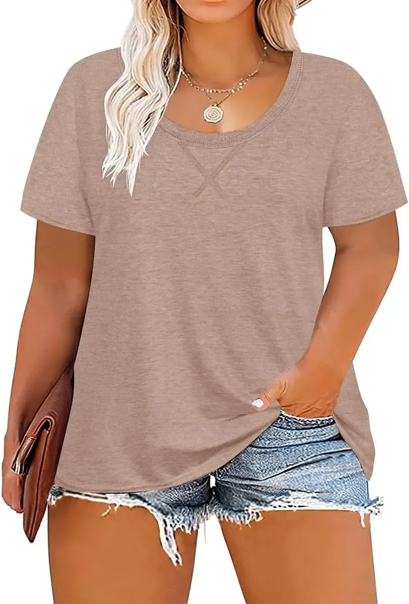 TIYOMI Plus Size T Shirt for Women Short Sleeve Tunic Cross Line Shirts Round Neck Tops Summer Blouse XL-5XL 14-28