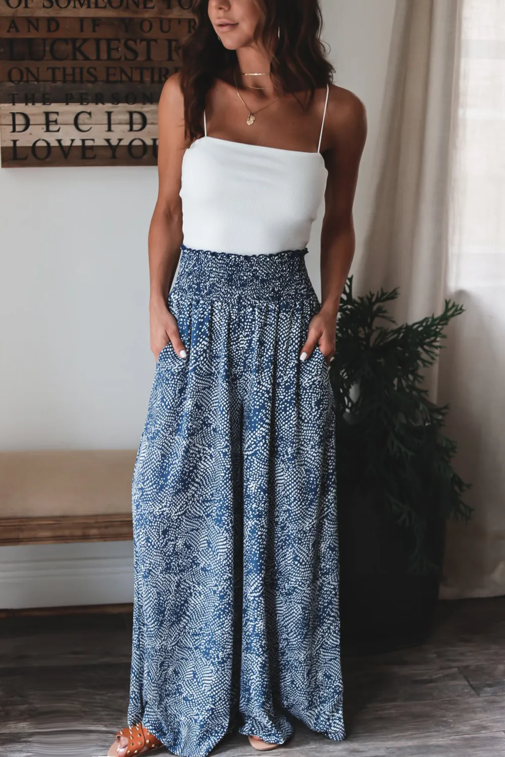 Blue Floral Loose Drape Straight Leg Pants