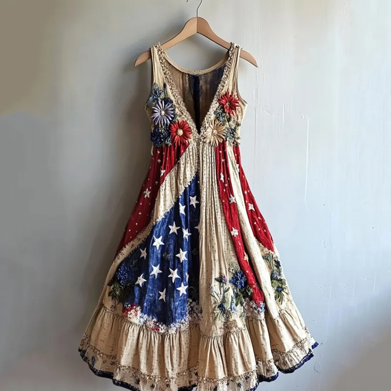 Women's Retro Independence Day Sunflower Patchwork Art Casual Linen Midi Dress