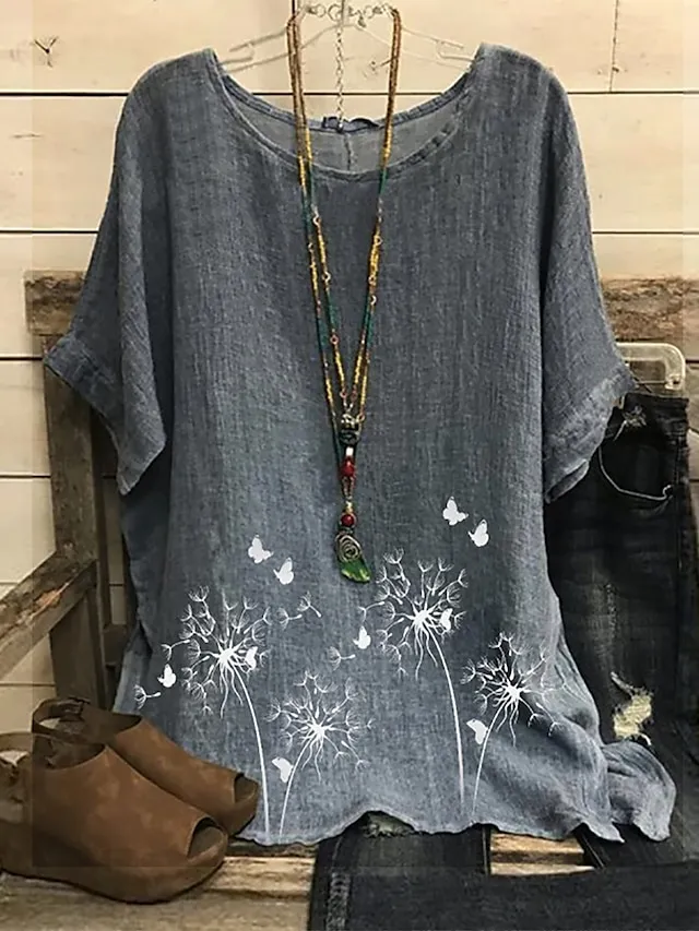 Women's Plus Size Shirt Blouse Floral Heart Lotus Butterfly Dandelion Print Short Sleeve Daily Vacation Vintage Basic Casual Crew Neck Regular Fit Dolman Sleeve Summer Spring