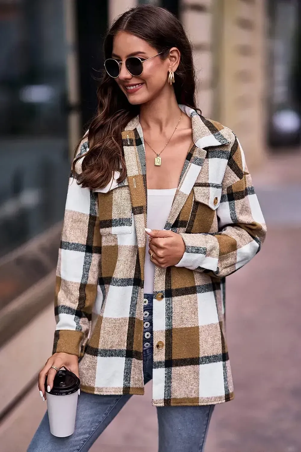 Women's 2023 Fall Clothes Plaid Shacket Jacket Long Sleeve Button Down Flannel Shirts Fashion Blouse
