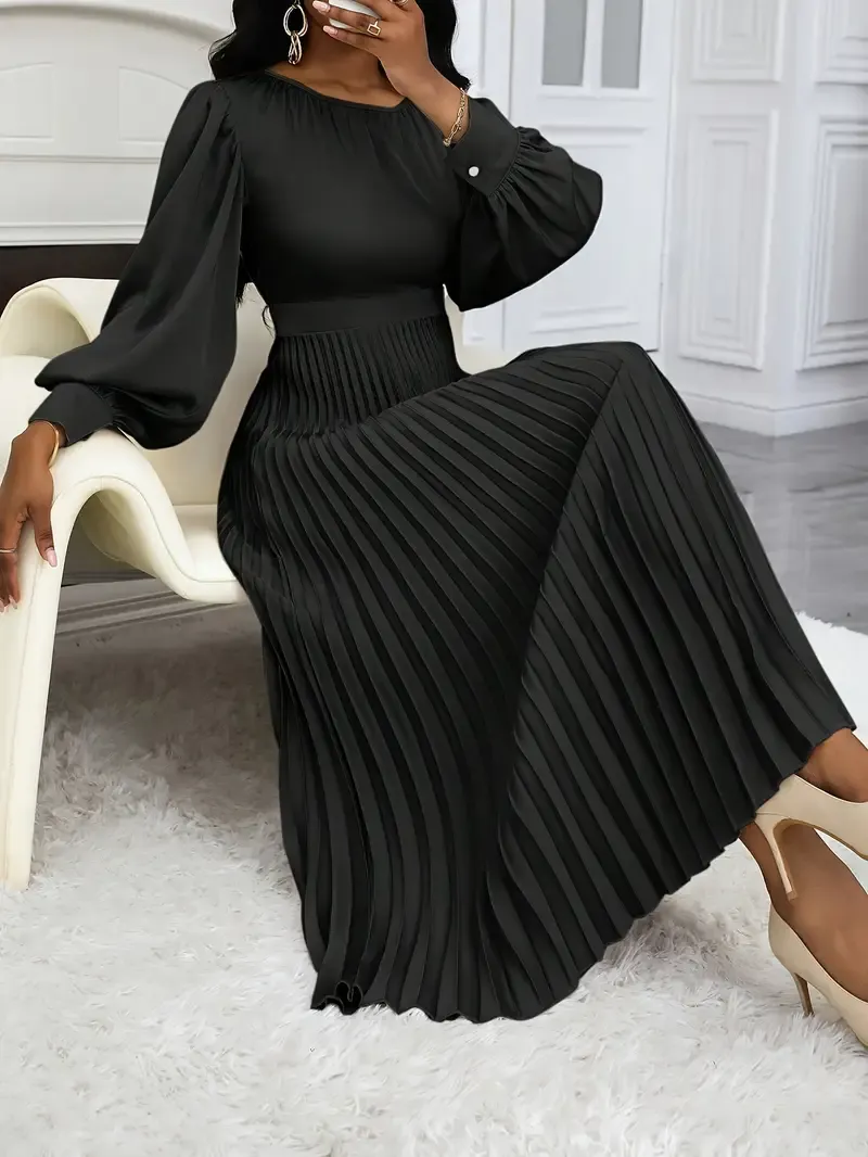 Elegant Maroon Pleated A-Line Dress for Women with Bubble Sleeves - Polyester, Round Neck, Machine Washable, All-Season Elegance