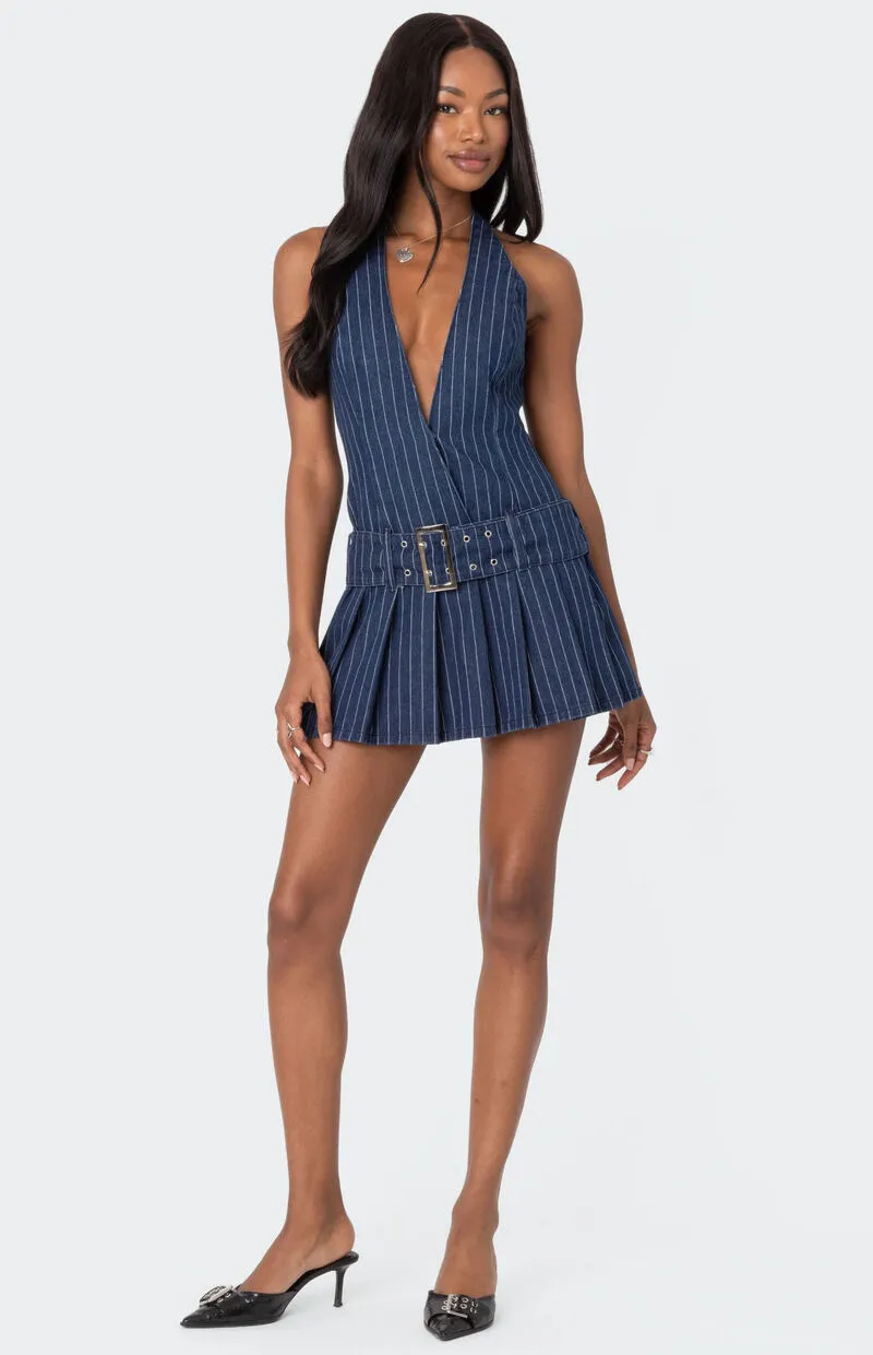 Edikted Belted Pinstripe Denim Mini Dress