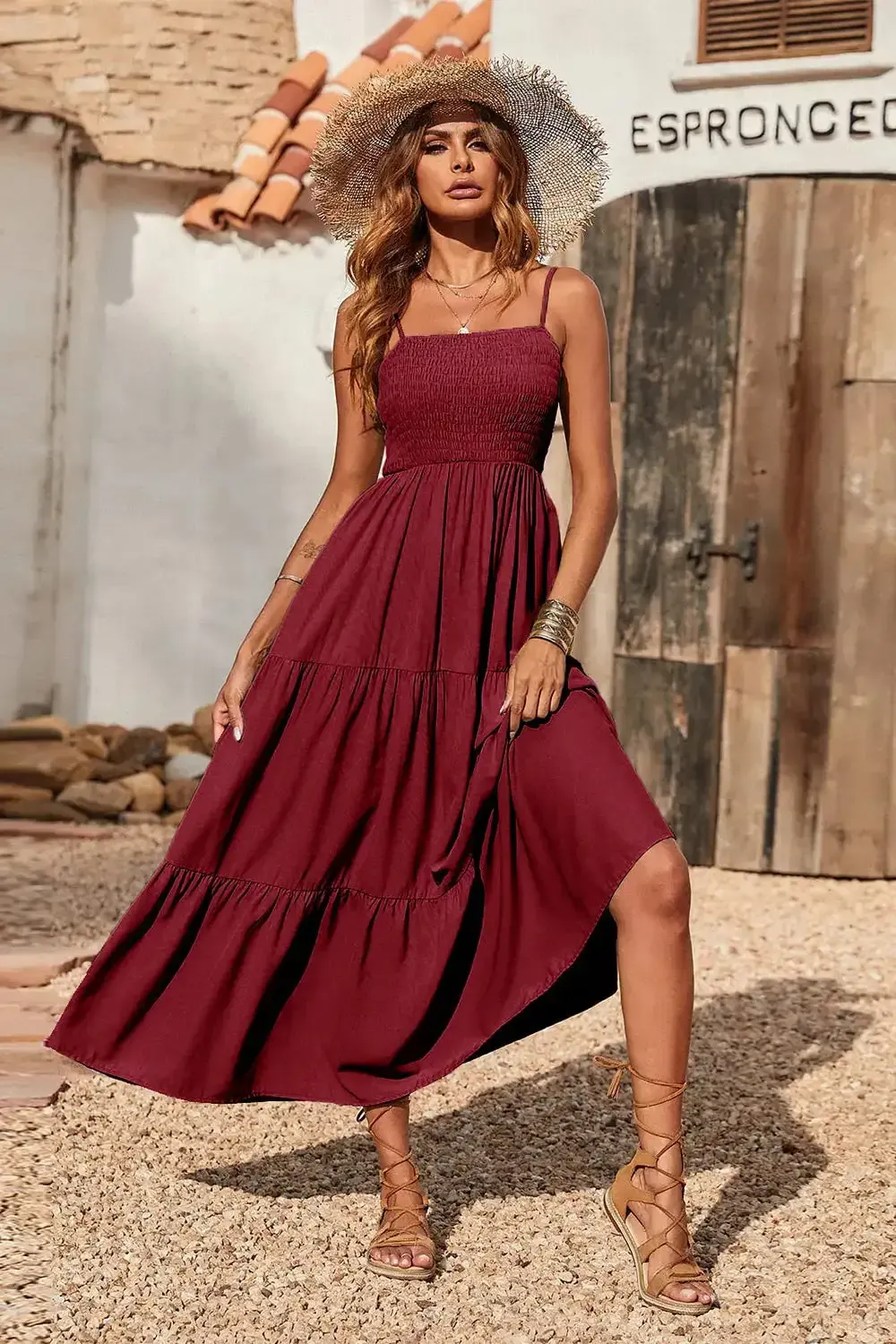 Sleeveless Spaghetti Strap Smocked Tiered Maxi Dress