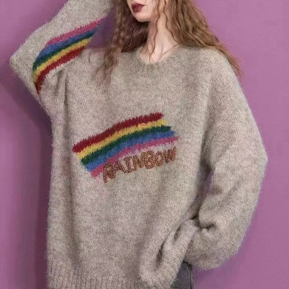 Rainbow Embroidery Loose Round Neck Knitted Sweater