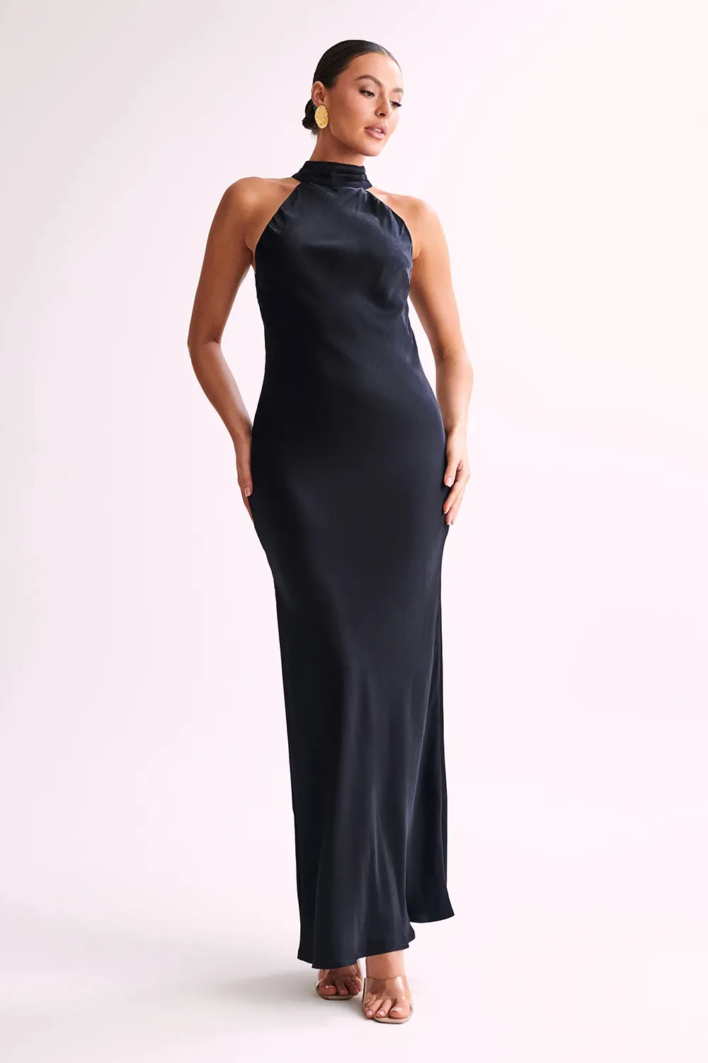 Satin Drape Back Maxi Dress with Split - Black
