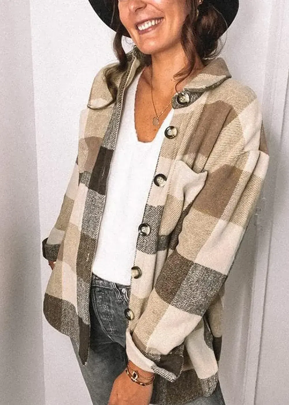 Women's 2023 Fall Clothes Plaid Shacket Jacket Long Sleeve Button Down Flannel Shirts Fashion Blouse