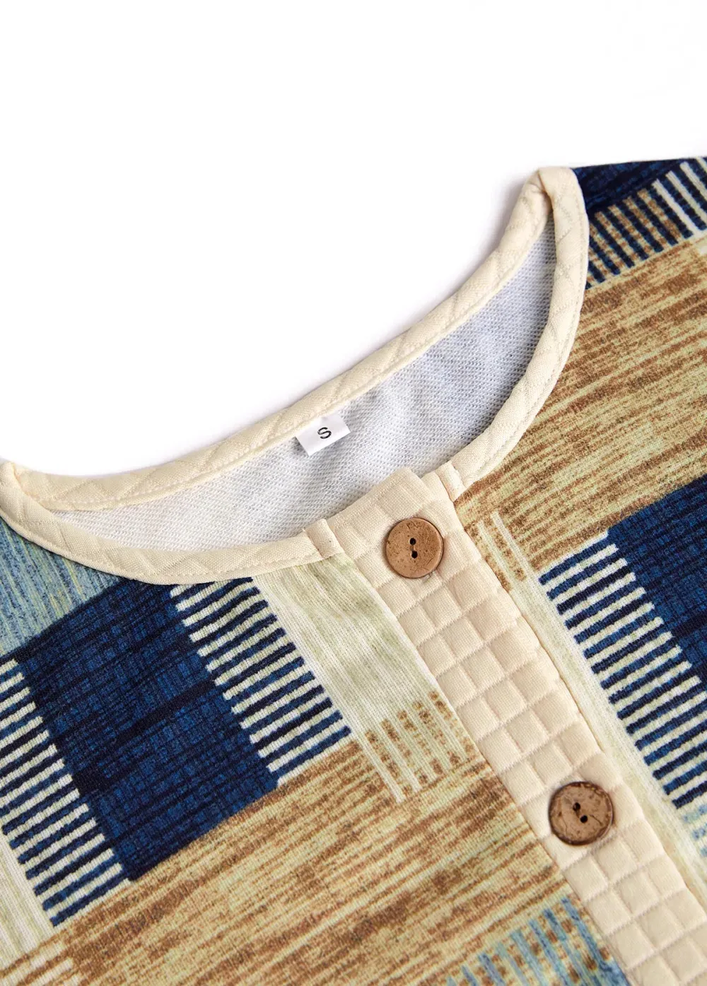 Light Yellow Button Geometric Print Long Sleeve Sweatshirt