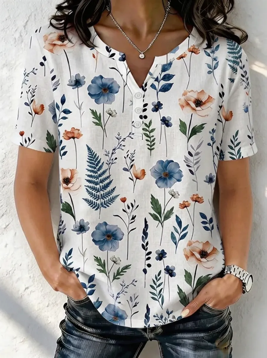 Women's Nashville Botanical Floral Printed Henley Shirt