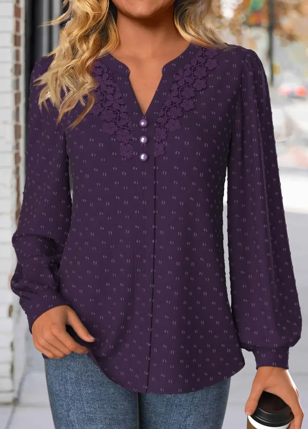 Purple Embroidery Long Sleeve Split Neck Blouse