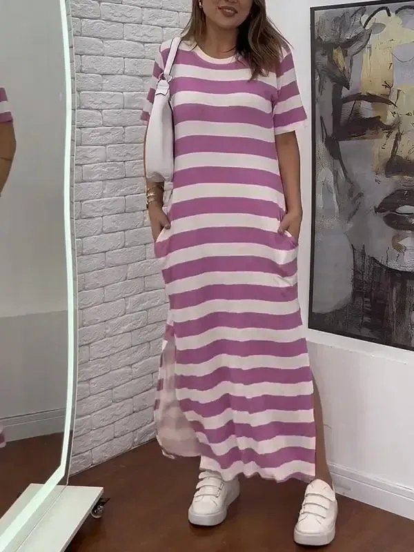 Women's Casual Round-neck Striped Short-sleeved Dress