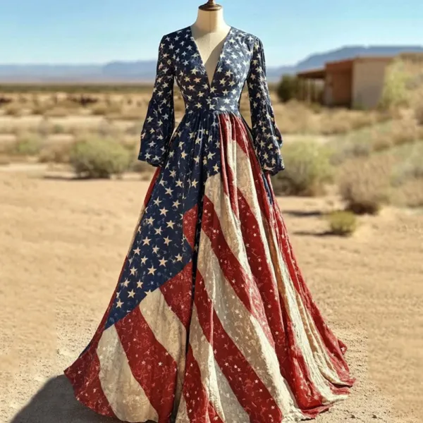 Women's Vintage Independence Day Flag Long Sleeve Maxi Dress