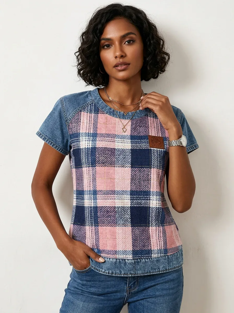 Women's Nashville Country Style Plaid Denim Printed T-shirt