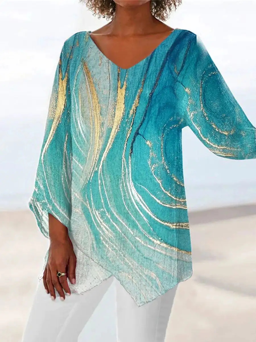 Women Asymmetrical 3/4 Sleeve V-neck Printed Striped Top Dress