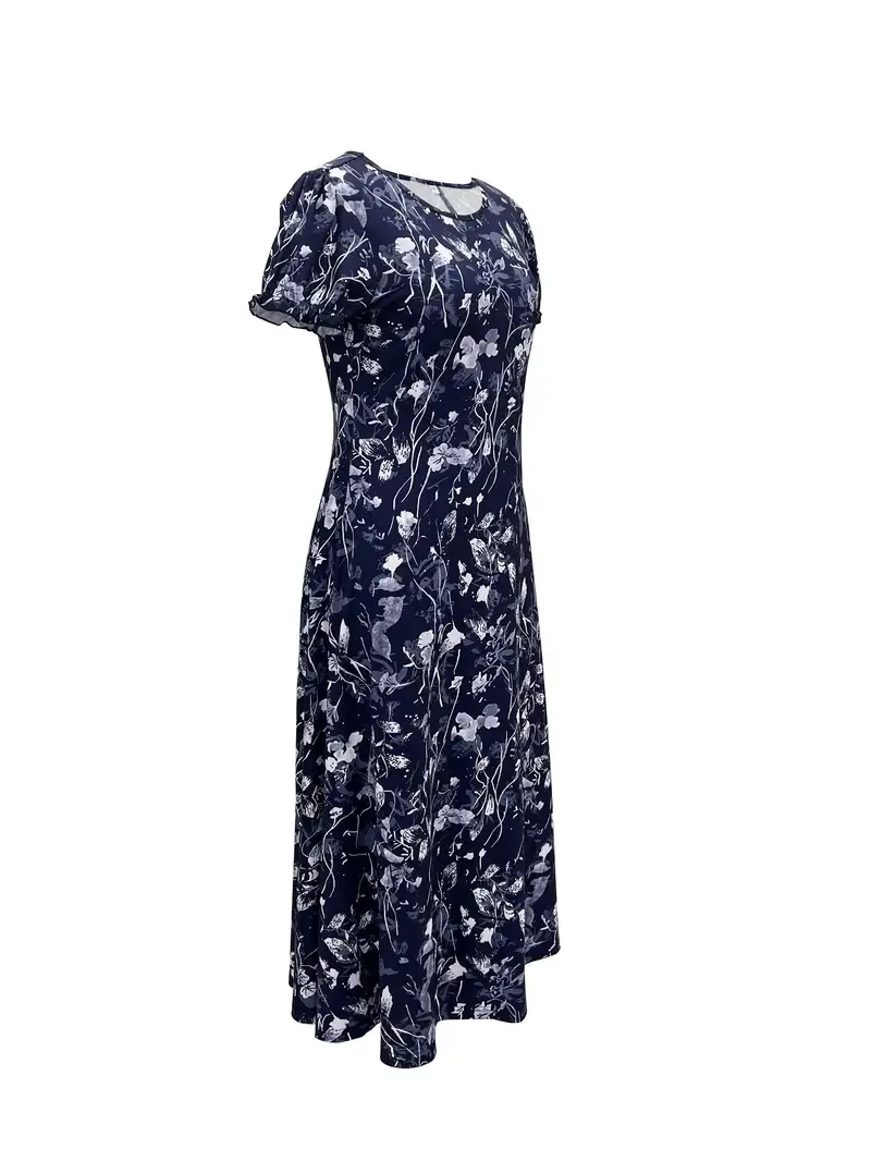 Floral Print Short Sleeve Crew Neck Dress for Women, Spring & Summer Casual Dress