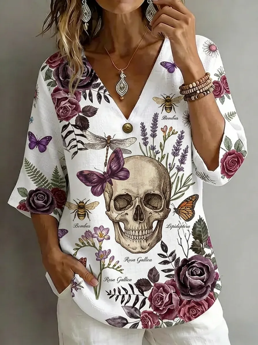 Women's Nashville Skull Floral Butterfly Printed V-Neck Top