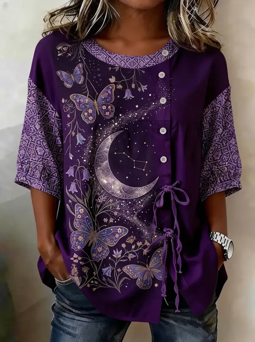 Women's Nashville Celestial Butterfly Moon Printed Button Top