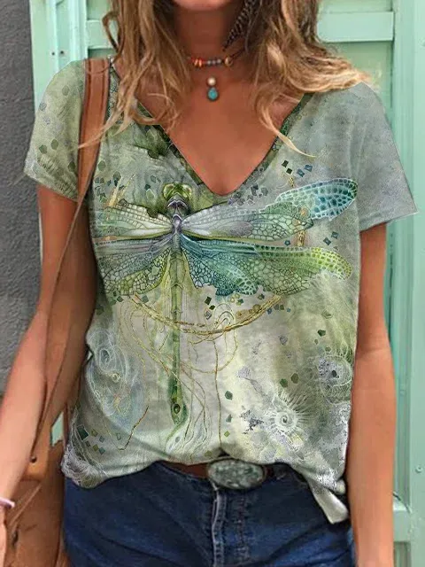 V Neck Dragonfly Print Casual Loose Knit T-Shirt/Tee