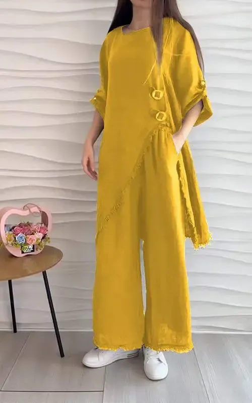 Cotton and Linen Casual Round Neck Two-piece Suit