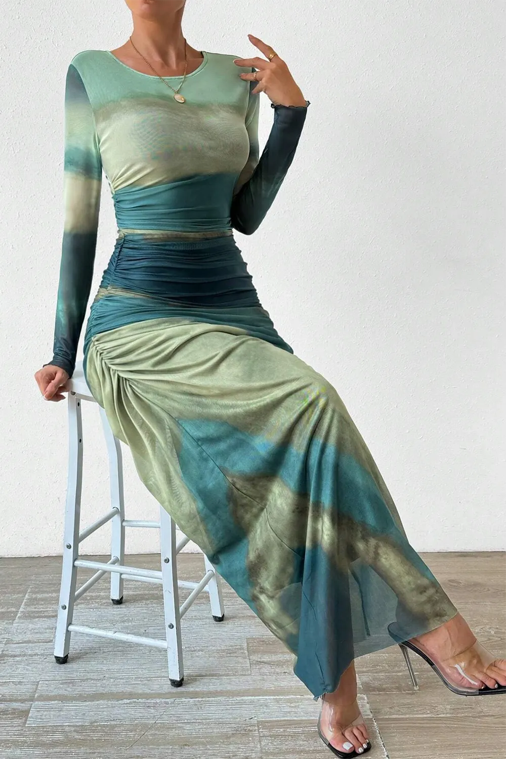 Women's Tie Dye Long Sleeve Pleated Dress Multicolor