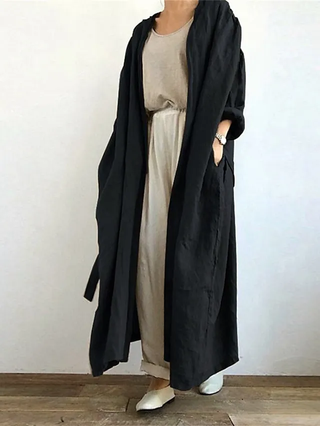 Women's Trench Coat Outdoor Pocket Plain Comfortable Fashion Regular Fit Outerwear Long Sleeve Summer Black S