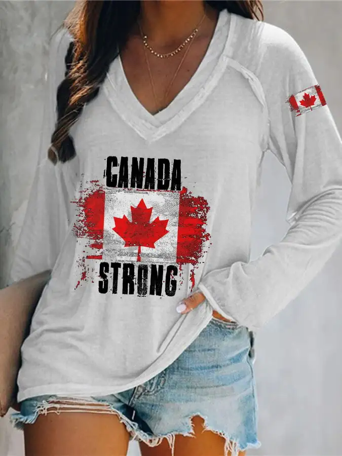 Women's Canada Strong Maple Leaf Flag Print V-Neck T-Shirt