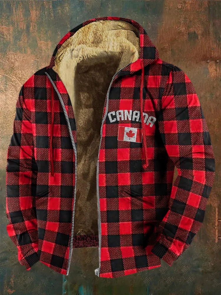 Men's Vintage Canadian Check Maple Leaf Print Casual Hoodie