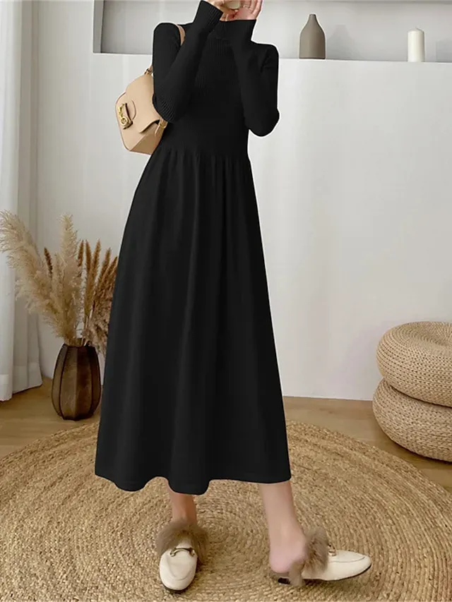 Women's Sweater Dress Knit Dress Jumper Dress Midi Dress Knitwear Elegant Fashion Plain Outdoor Daily Going out Turtleneck Long Sleeve 2023 Loose Fit Black Apricot One Size