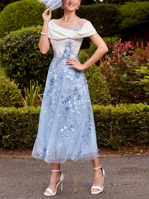 Round Neck Printed Lace Midi Dress