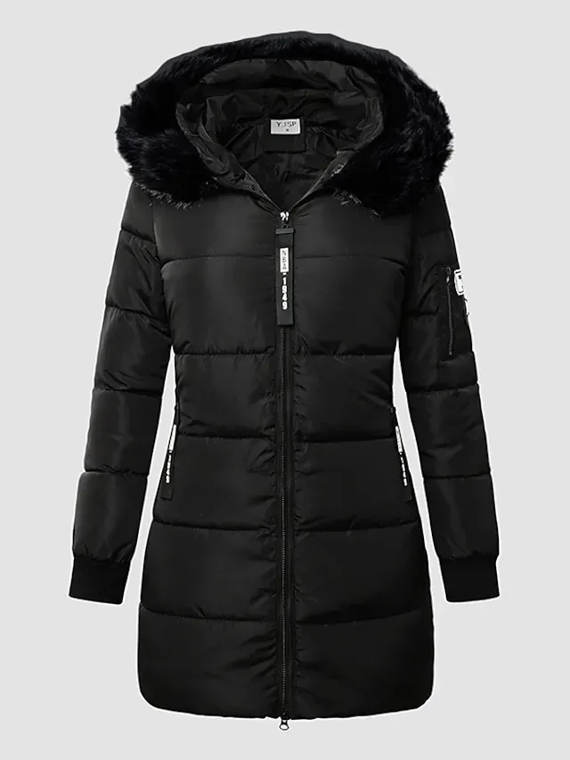 Women's Puffer Jacket Long with Pockets Slim Fit Fur Collar Coat powder Bean Green White Black Gray Classic Style Christmas Winter Zipper Hoodie Regular Fit M L XL XXL XXXL / Daily / Windproof