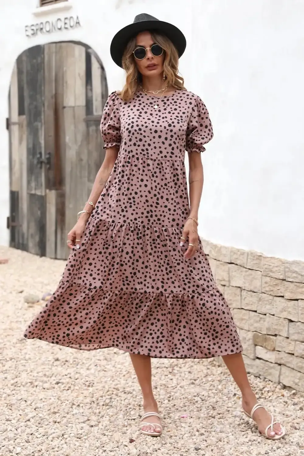 Floral Print Ruffle Puff Sleeve High Waist Midi Dresses