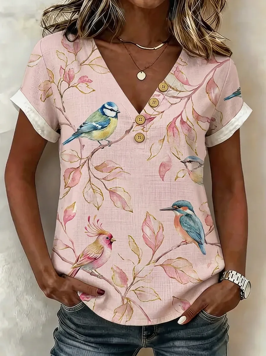 Women's Nashville Nature Lover Bird Floral Printed V-Neck T-Shirt