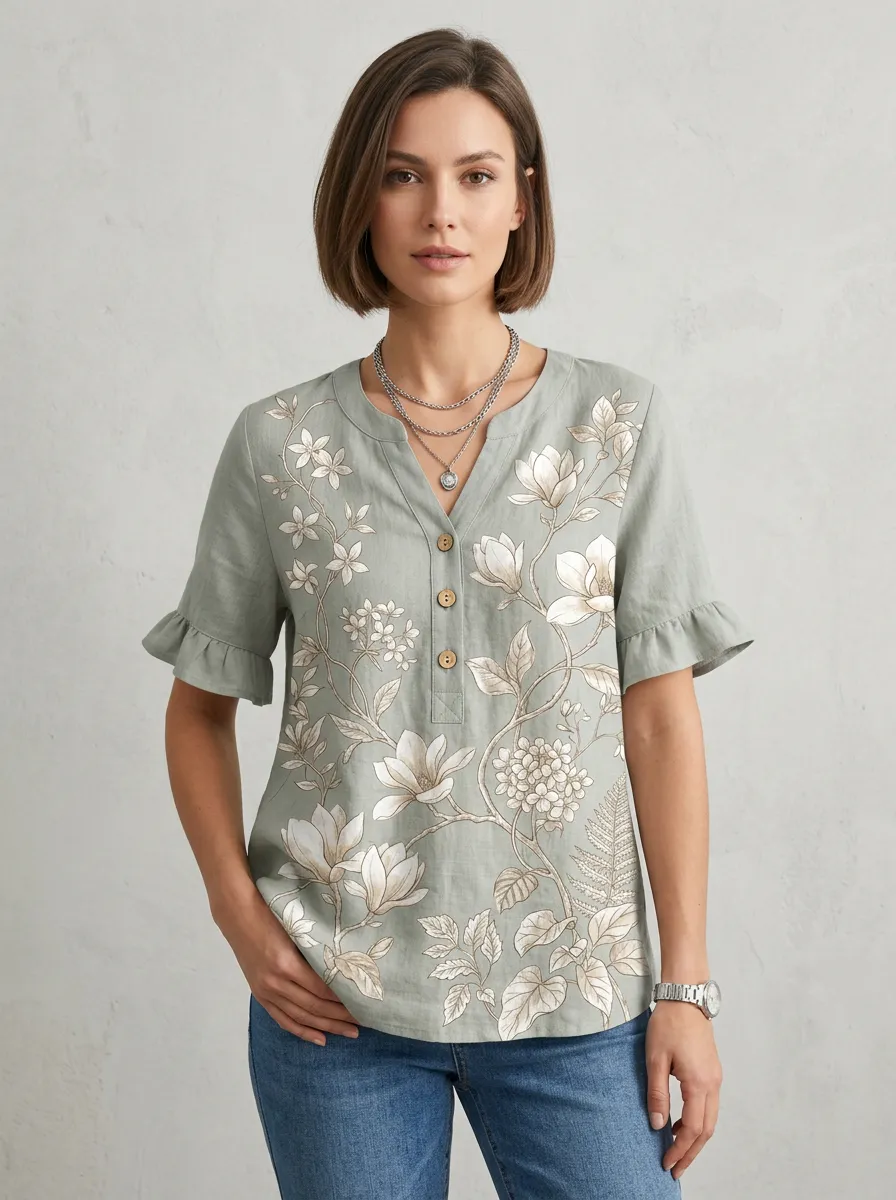 Women's Nashville Floral Magnolia Printed Button-Down Top