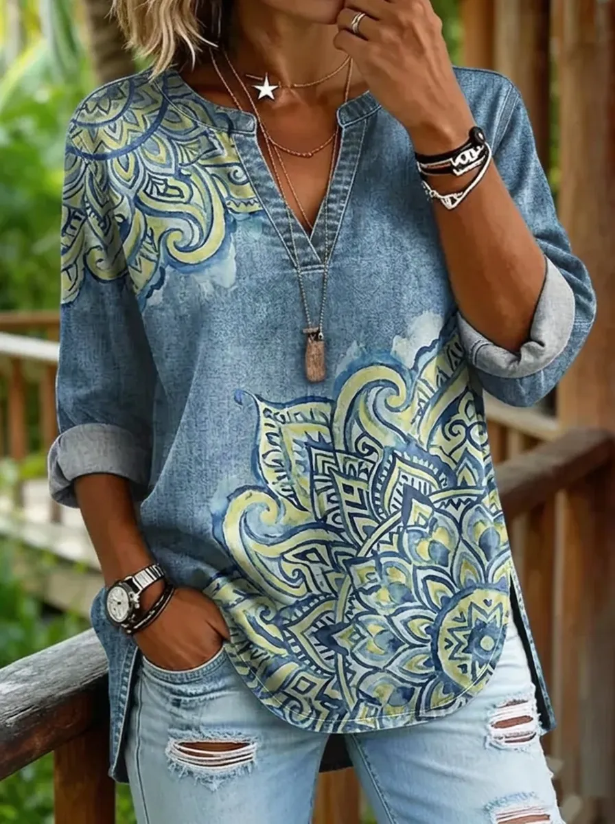 Women's Nashville Boho Mandala Printed V-Neck Top