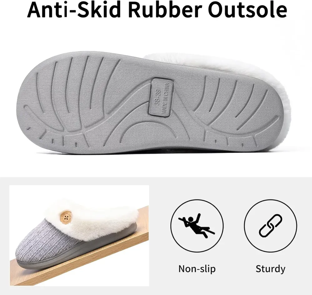 Warm Knit House Slippers for Women Comfy Wool-Like Lined Chenille Slippers with Memory Foam and Indoor Outdoor Soles