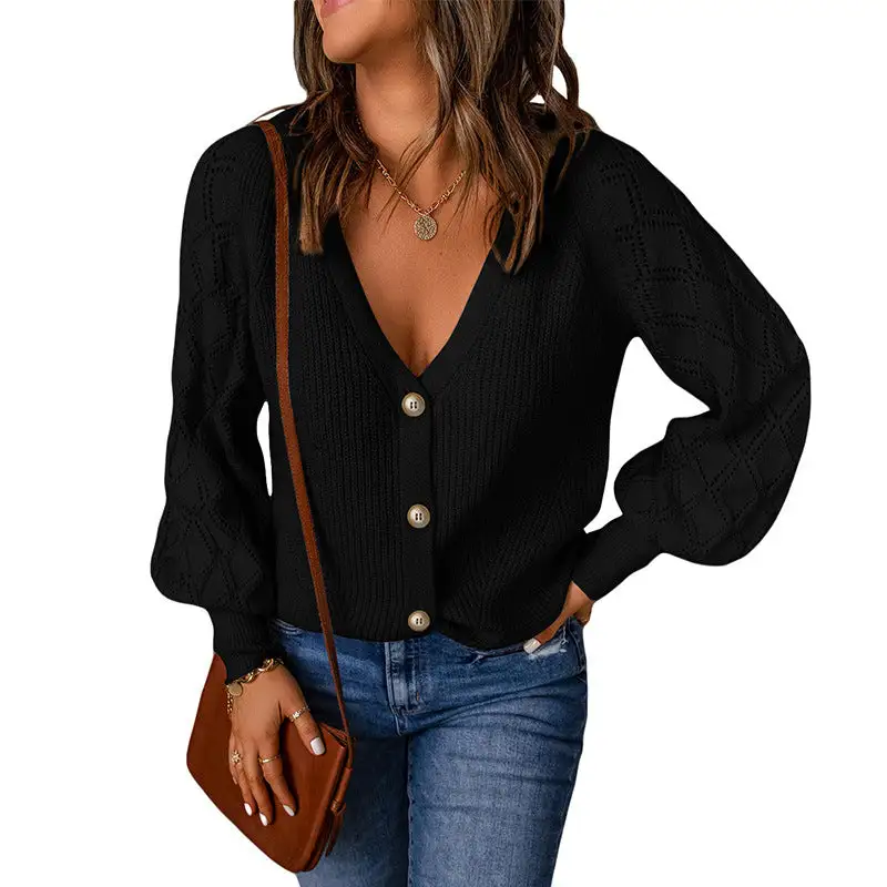 diamond puff sleeve knitted sweater coat
