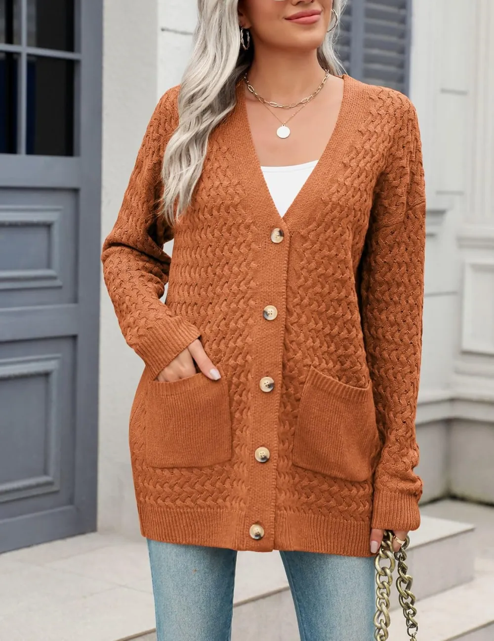 Womens 2024 Long Sleeve Chunky Cable Knit Fall Cardigans Sweaters Button Down Open Front Outerwear with Pockets