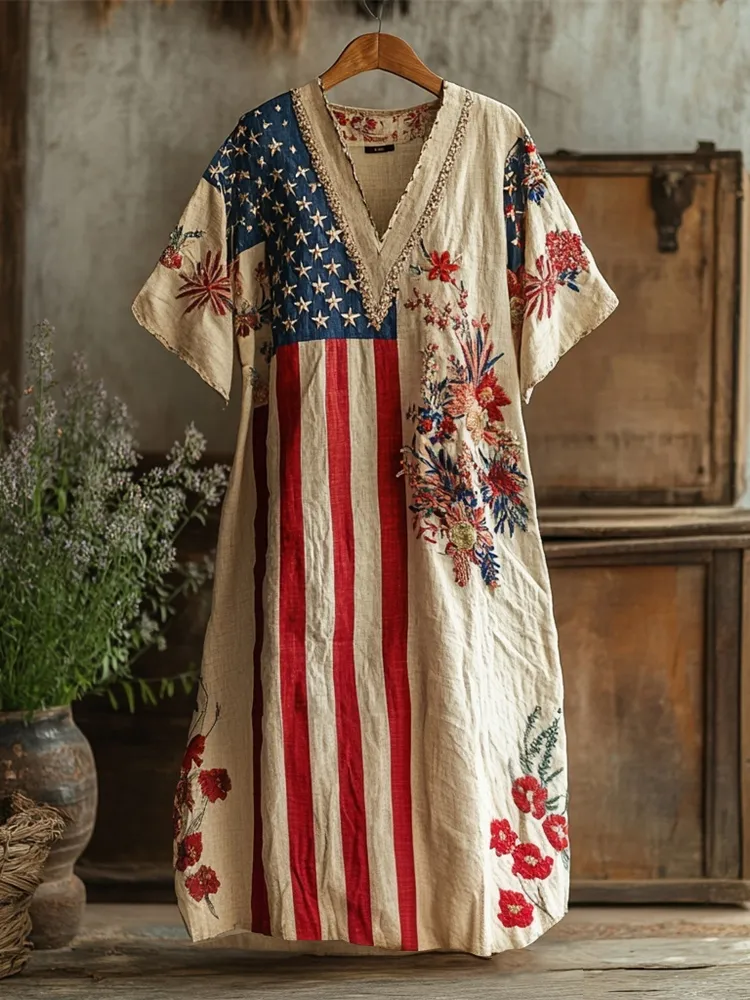 Independence Day Flag & Boho Floral Embroidery Women's Linen Short Sleeve Maxi Dress