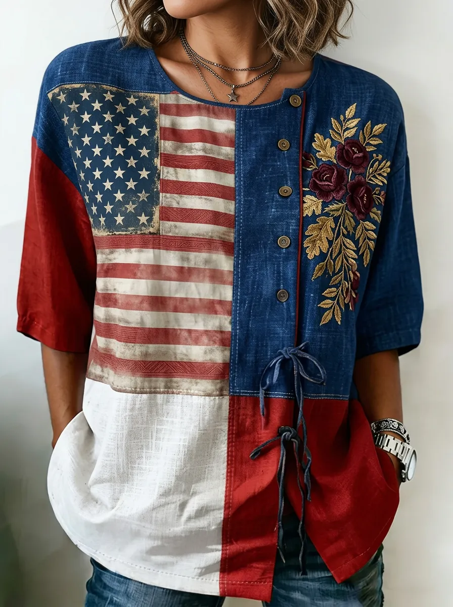 Women's Nashville USA Flag Floral Embroidered Printed Top