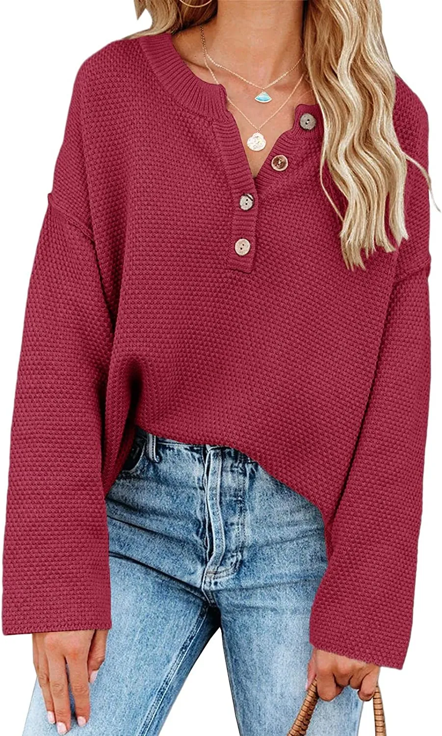Women's Oversized Sweaters Batwing Long Sleeve Loose V Neck Button Henley Tops Pullover Knit Jumper