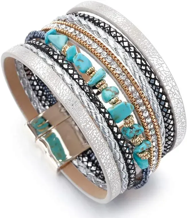 Fesciory Leather Wrap Bracelets for Women, Boho Leopard Multi-Layer Crystal Beads Cuff Bracelet Jewelry