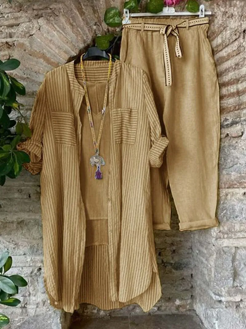 Striped shirt cotton linen pants two-piece set 01